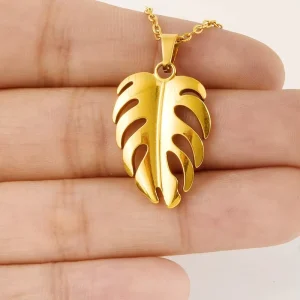 Trendy Gold 304 Stainless Steel Monstera Leaf Necklace Hollow Out Tropical Palm Tree Medal Link Chain for Unisex Men Women