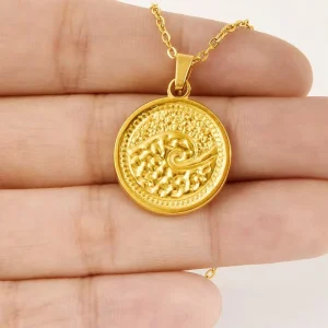 Trendy Gold 304 Stainless Steel Ocean Wave Necklace 3D Relief Coin Circular Disc Link Chain for Unisex Men Women Gift Jewelry