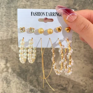 Trendy Gold Metal Earrings Set for Women Fashion Geometric Pearl Circle Drop Trend Earrings Bulk