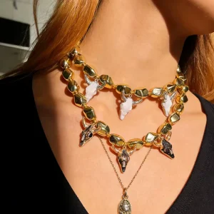 Trendy Gold Plated Cow Skull Pendant Necklace Irregular Metal Beads Chain Punk Rock Animal Jewelry for Women