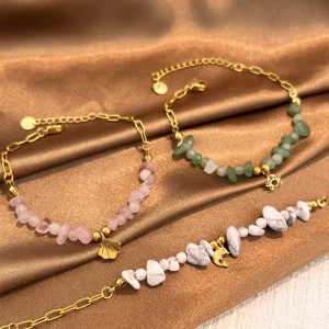 Trendy Gold Plated Stainless Steel Bracelet with Natural Stone Bead Pendant Women’s Fashion Jewelry