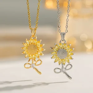 Trendy Gold Plated Stainless Steel Chain Zircon Sunflower Pendant Necklace for Women
