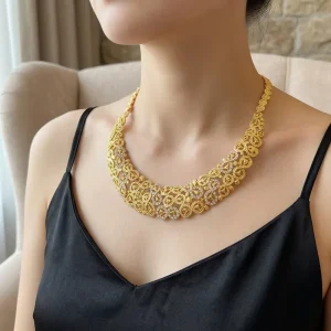 Trendy Gold Plated Stainless Steel Middle Eastern Saudi Arabia Fashion Zircon Openwork Necklace Women Wedding Gift