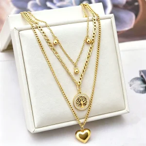 Trendy Gold Plated Stainless Steel Triple Layered Necklace for Women Tree of Life Heart Pendant Multi Layer Chain Jewelry