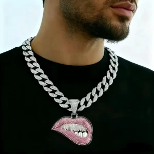 Trendy Gold Plated Zinc Alloy Full Iced Cuban Link Chain Biting Lips Pendant Pink Clear Rhinestone Hip Hop Party Necklace