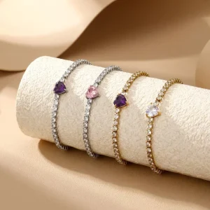 Trendy Gold Plated Zircon Heart Bracelet with Waterproof Tennis Chain Design for Women Party Jewelry Gift