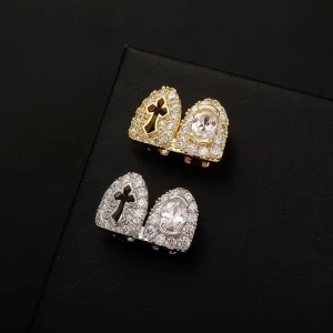Trendy Gold Silver Brass Grillz Hiphop Fashion Cross Shape Body Jewelry with Zirconia Punk Dental Jewelry