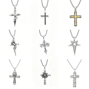 Trendy Gothic Hip Hop Silver Cross Pendant Necklace Creative Fashion Punk Jewelry for Men and Women Gift Accessory