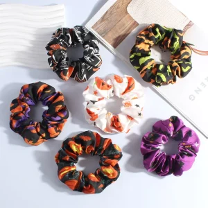Trendy Halloween Print Scrunchies Elastic Hair Ties Spooky Pumpkin Bat Pattern Ponytail Holders for Women
