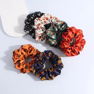 Trendy Halloween Scrunchies for Women Pumpkin Skull Print Elastic Hair Bands Holiday Party Hair Accessories