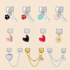 Trendy Heart Cat Paw Double Chain with Crystal Fashion Italian Charm Bracelet Link Fit 9mm Stainless Steel Making DIY Jewelry