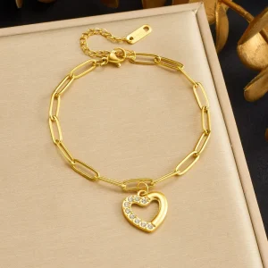 Trendy Hollow Heart Paperclip Bracelet Gold Plated Stainless Steel Chain Girls Dating Street Fashion Hand Accessories TGSL5704