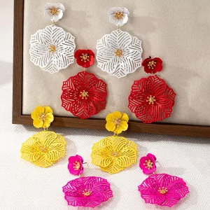 Trendy Hollow Out Flower Drop Earrings Women Vintage Colorful Double Flower Earrings