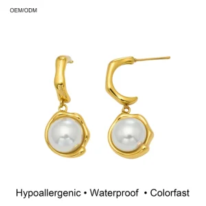 Trendy Imitation Pearl Zircon C shaped Hypoallergenic 316L Stainless Steel Stud Earrings 18k Real Gold Plated Women’s Jewelry
