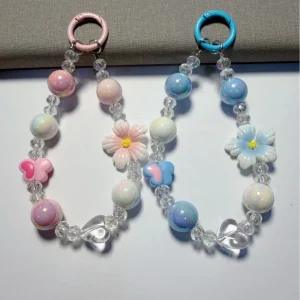 Trendy Iridescent Bead Keychain Wristlet Lanyard Clear Heart Flower Pendant Key Ring Holder Aesthetic Bag Decor Charm