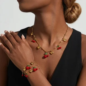 Trendy Jewelry Gold Plated 316 Stainless Steel Heart Cherry Charm Bracelet Necklace Earrings Set for Casual Occasions