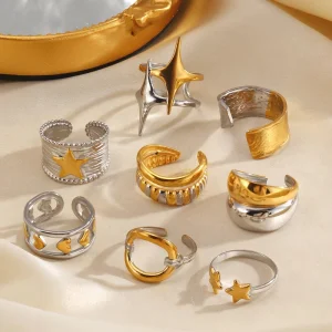 Trendy Jewelry Stainless Steel Gold color Star Ring for Women Exaggerated Retro Geometric Design