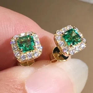 Trendy Korean Jewelry 18K Gold Plated Green Zircon Crystal Tiny Geometric Square Women Hoop Earrings for Anniversary