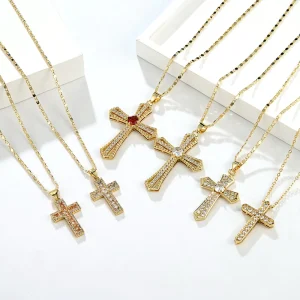 Trendy Link Chain Choker Necklace 14k Gold Plated Copper Zircon Cross Pendant Fashion Women’s Necklace