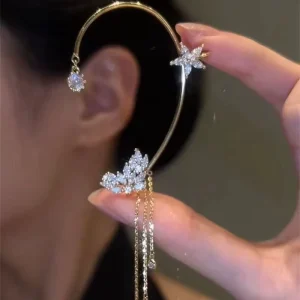 Trendy Long Crystal Tassel Chain Clip Non Piercing Clip Ear hook Cartilage Stars Ear Cuff Earrings