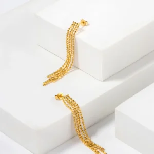 Trendy Long Stainless Steel Ball Beads Tassel Chains Drop Earrings Unisex Waterproof Accessories 18k Gold Plated Fashion Jewelry