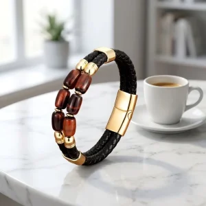 Trendy Men’s Double Leather Woven Stainless Steel Silver Plated Beaded Magnetic Buckle Bracelet Bangles Gift Party