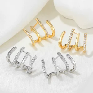 Trendy Minimalist Brass Zircon Claw Double Band Brass Ear Cuff Earrings for Women Non Pierced Ears