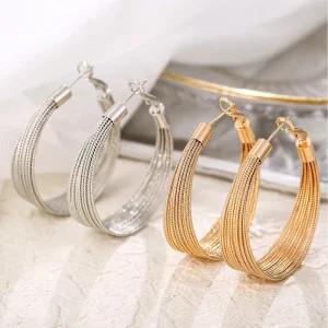 Trendy Multi Strands Metallic Mesh Hoop Earrings Large Oval Wrap Chain Big Circle Earrings Fashion Women Daily Jewelry Gift