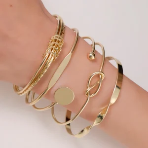 Trendy Multi Style Gold Plated Stainless Steel Bangle Set 5 Pieces Heart Design for Women’s Fashion Accessories Gift