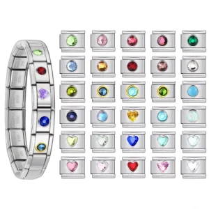Trendy Multicolor Round Heart Crystal Enamel Italian Charm Bracelet 9mm Stainless Steel Birthstone Links DIY Module Jewelry