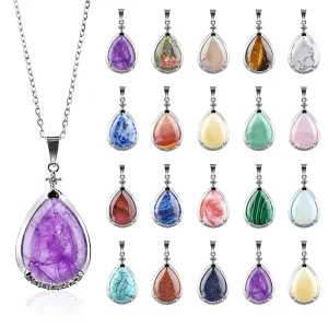 Trendy Natural Crystal Teardrop Pendant Necklace With Zircon Copper Inlay Dainty Amethyst And Rose Quartz Choker Chain