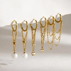 Trendy New Arrival 18k Gold Plated Chain Tassel Pearl Earrings Stainless Steel Geometric Pendant Hoop Earrings Jewelry