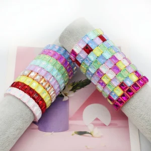 Trendy New Arrival Alloy Mocha Crystal Colorful Zircon Square Bracelet Elastic Cuff Enamel Bracelet Jewelry Gift for Women