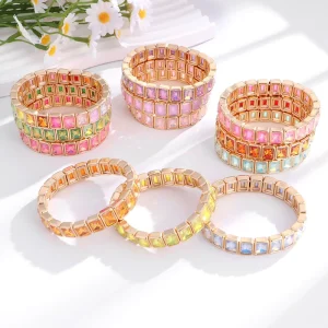 Trendy New Arrival Alloy Stretchable Colorful Glass Bracelet Elastic Cuff Geometric Bracelet for Women