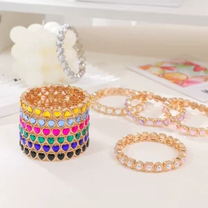 Trendy New Arrival Alloy Stretchable Colorful Glass Bracelet Heart Elastic Cuff Geometric Bracelet for Women