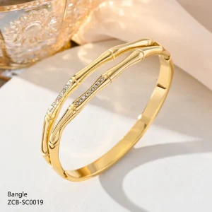 Trendy Niche Bamboo Design Gold-Plated 316L Stainless Steel Non-Tarnish Zircon Bangles for Women Environmental Friendly Daily