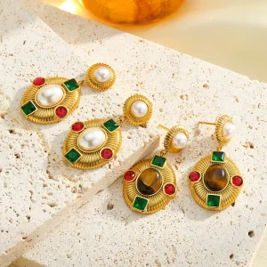 Trendy Oval Zircon Pearl Tiger Eye Stone Design Gold Plated Stainless Steel Drop Earrings Geometric Shape for Women’s Party