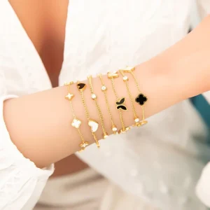 Trendy Personalized Butterfly Heart Clover 18K Gold Plated Stainless Steel Stack Bracelet Fashion Jewelry