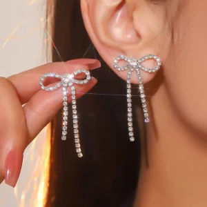 Trendy Plastic Crystal Rhinestone Bow Drop Earrings Unisex Tassel Hollow Simple Design Party Gift Fashion Jewelry