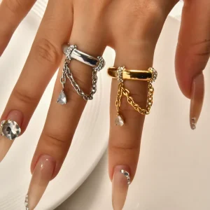 Trendy Punk Chain Tassel Ring Classic Gold Plated Stainless Steel Women’s Fashion Ring for Engagement Party & Anniversary Gifts