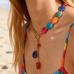Trendy Rainbow Resin Necklace Y Shaped Chain Colorful Boho Summer Jewelry for Women Beach Vacation