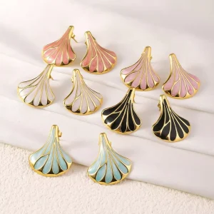 Trendy Retro Fashion 18K Gold Enamel Color Geometric Stud Earrings Stainless Steel Plated Crystal Rhinestone Oil Drop Fan Shaped