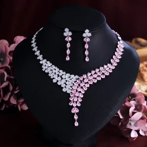 Trendy Rose Gold Plated Full Flower Zircon Necklace Earrings Jewelry Set for Engagement Anniversary Party Gift
