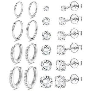 Trendy Silver Stainless Steel Genuine Zircon Butterfly & Coil Ear Stud Set 12 Pairs Hypoallergenic Non tarnish Earrings Jewelry