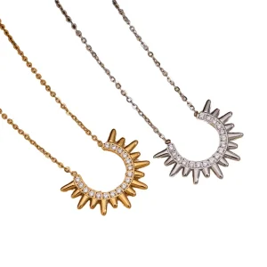 Trendy Simple Sunburst Pendant Necklace for Women Gold Plated Short Choker with Link Chain Sun Shape Geometric Style