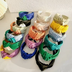 Trendy Solid Color Satin Knot Headband for Women Wide Hairband Retro Elegant Hair Accessory Daily Headwear