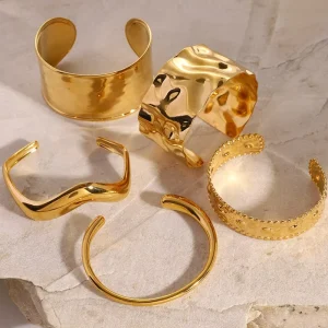 Trendy Stacked Bangles 18K PVD Gold Plated Fine Bracelets Stainless Steel Jewelry Women Fashion Chunky Hammered Cuff Bracelet