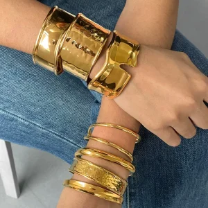 Trendy Stacked Bangles 18K PVD Gold Plated Fine Bracelets Stainless Steel Jewelry Women Fashion Chunky Hammered Cuff Bracelet