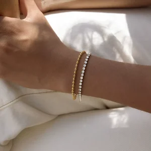 Trendy Stainless Steel Bracelet 18K Gold Plated Zircon Double Layered Bracelets for Women