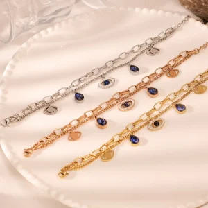 Trendy Stainless Steel Double Layer Cuban Chain Adjustable Bangles Water Drop Crystal Rhinestone Blue Eye Gift Jewelry